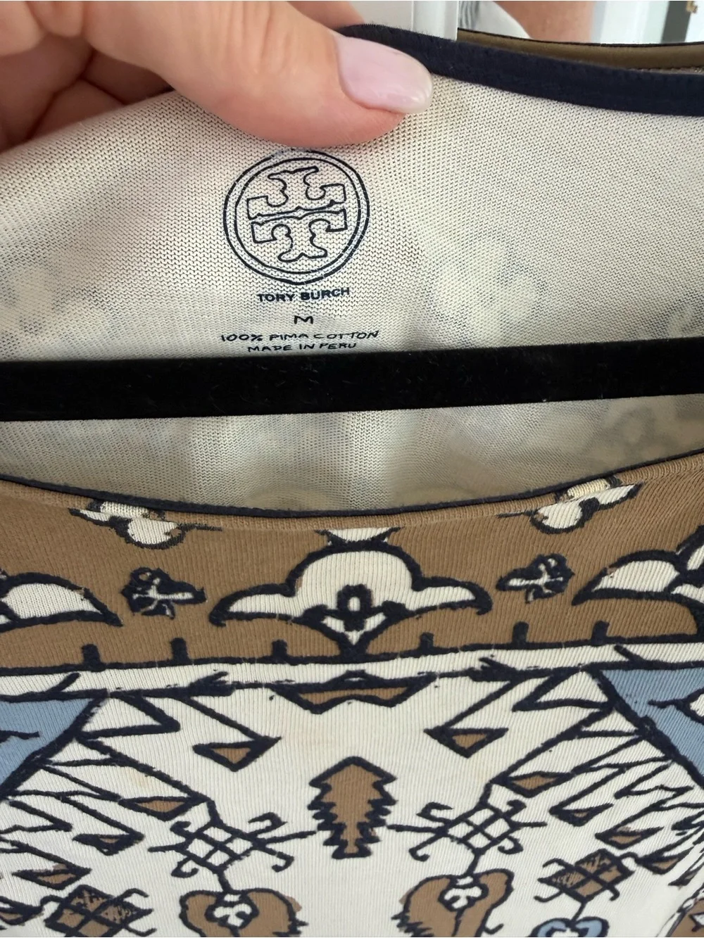 Tory Burch Cream, Tan & Light Blue Printed Short Sleeve Shift Dress